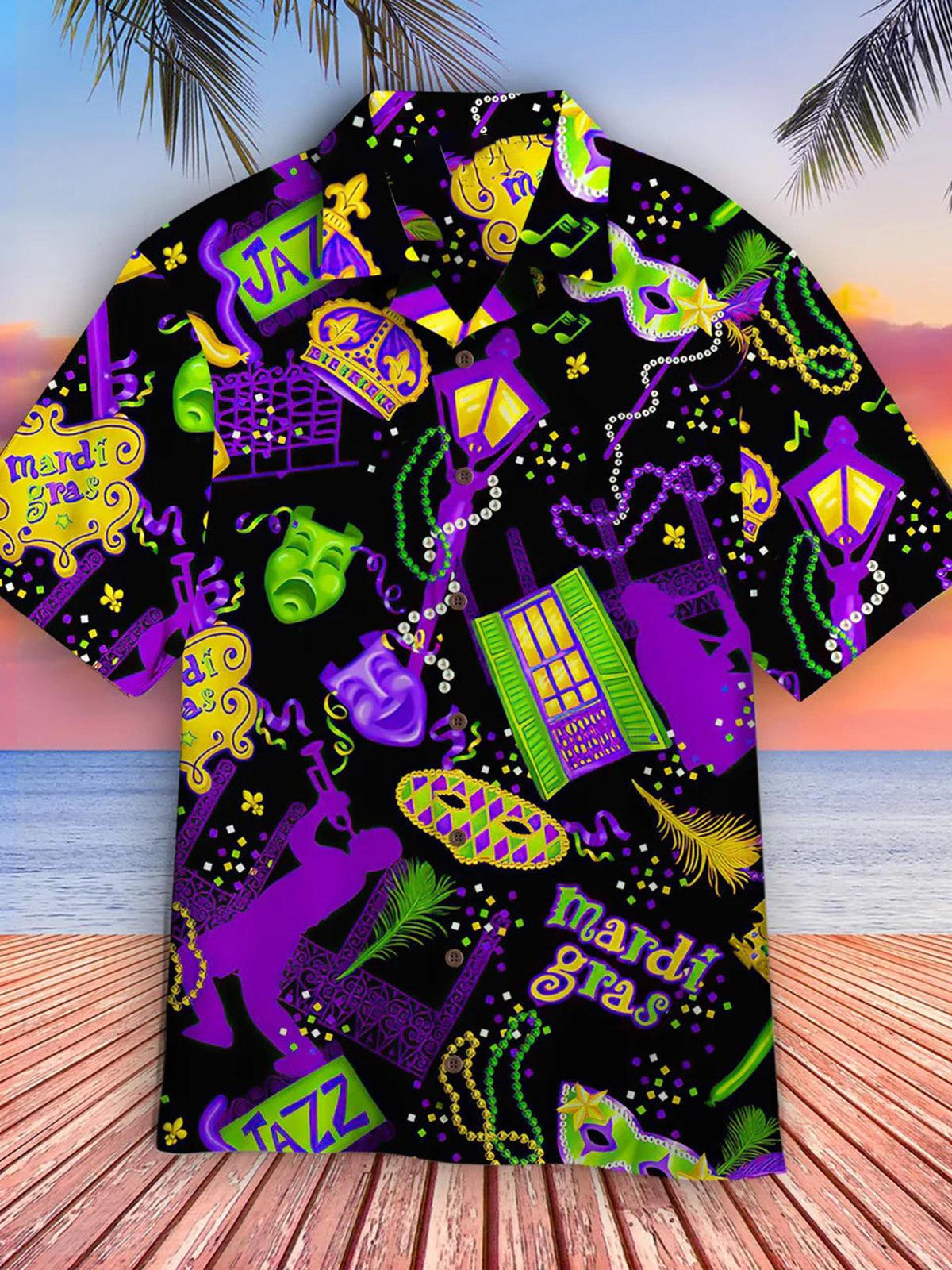 Mardi Gras Hawaiian Men's Cuban Collar Short Sleeve Shirt