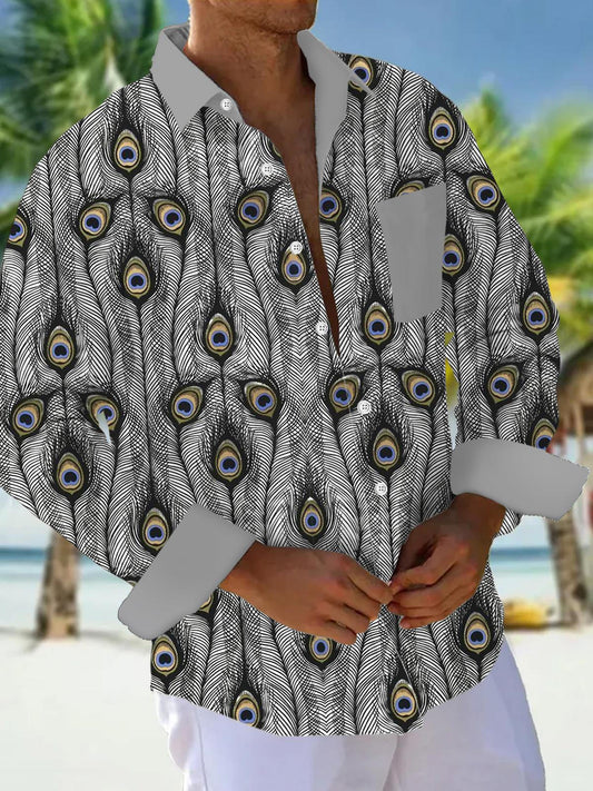 Feather Long Sleeve Men's Shirts With Pocket