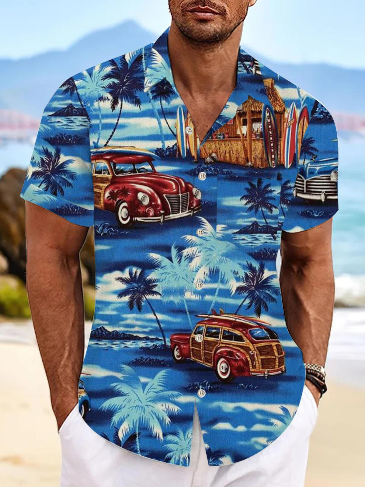 Hawaiian Coconut Tree Car Print Short Sleeve Men's Shirts With Pocket