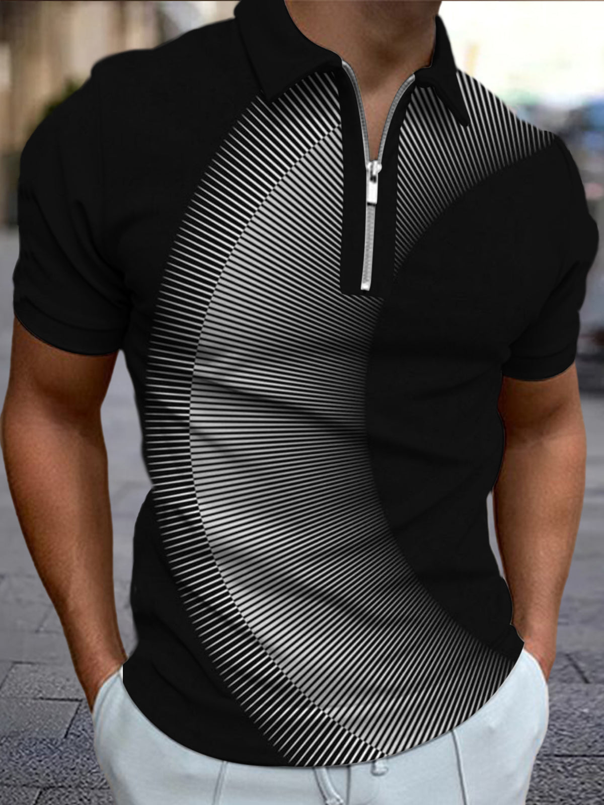 Kurzärmliges Poloshirt mit Reißverschluss und Farbverlauf-Print für Herren