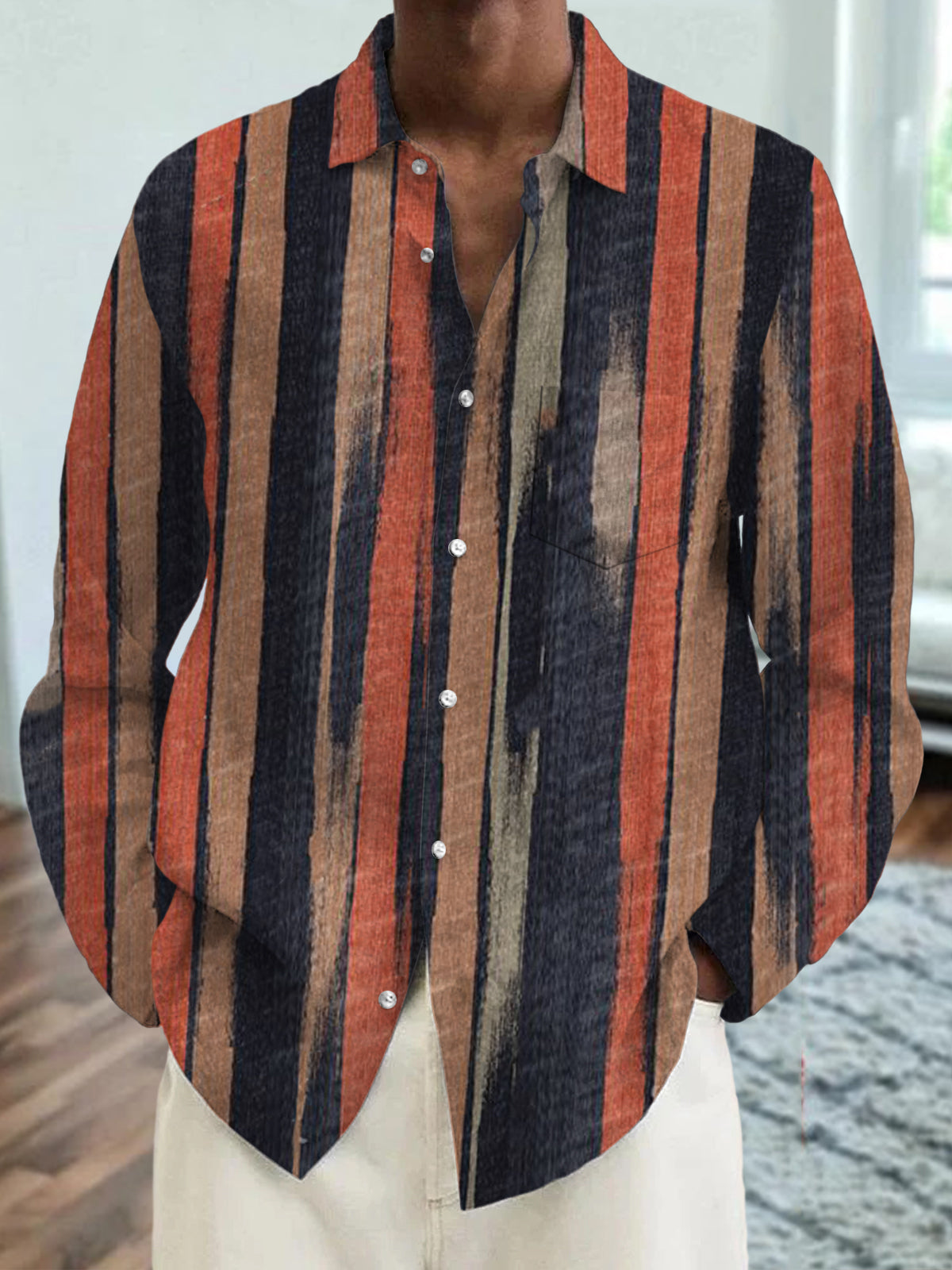 Striped Print Long Sleeve Men's Shirts With Pocket