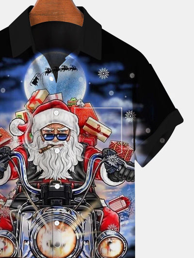 Santa Claus Motorcycle Short Sleeve Men's Shirts With Pocket