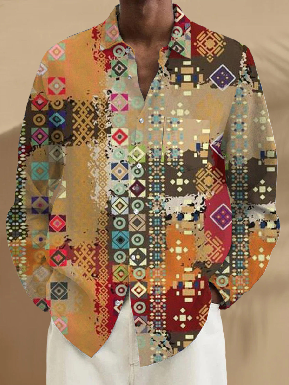 Retro Ethnic Geometric Print Long Sleeve Men's Shirts With Pocket