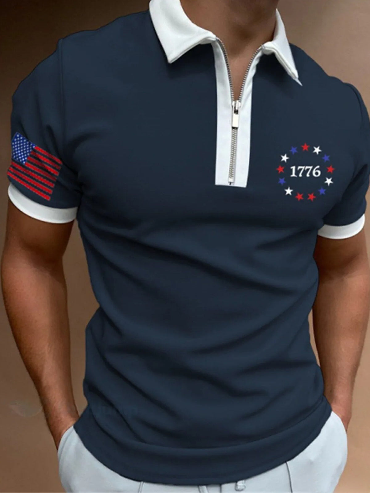 1776 American Flag Print Men's Short Sleeve Zipper Polo