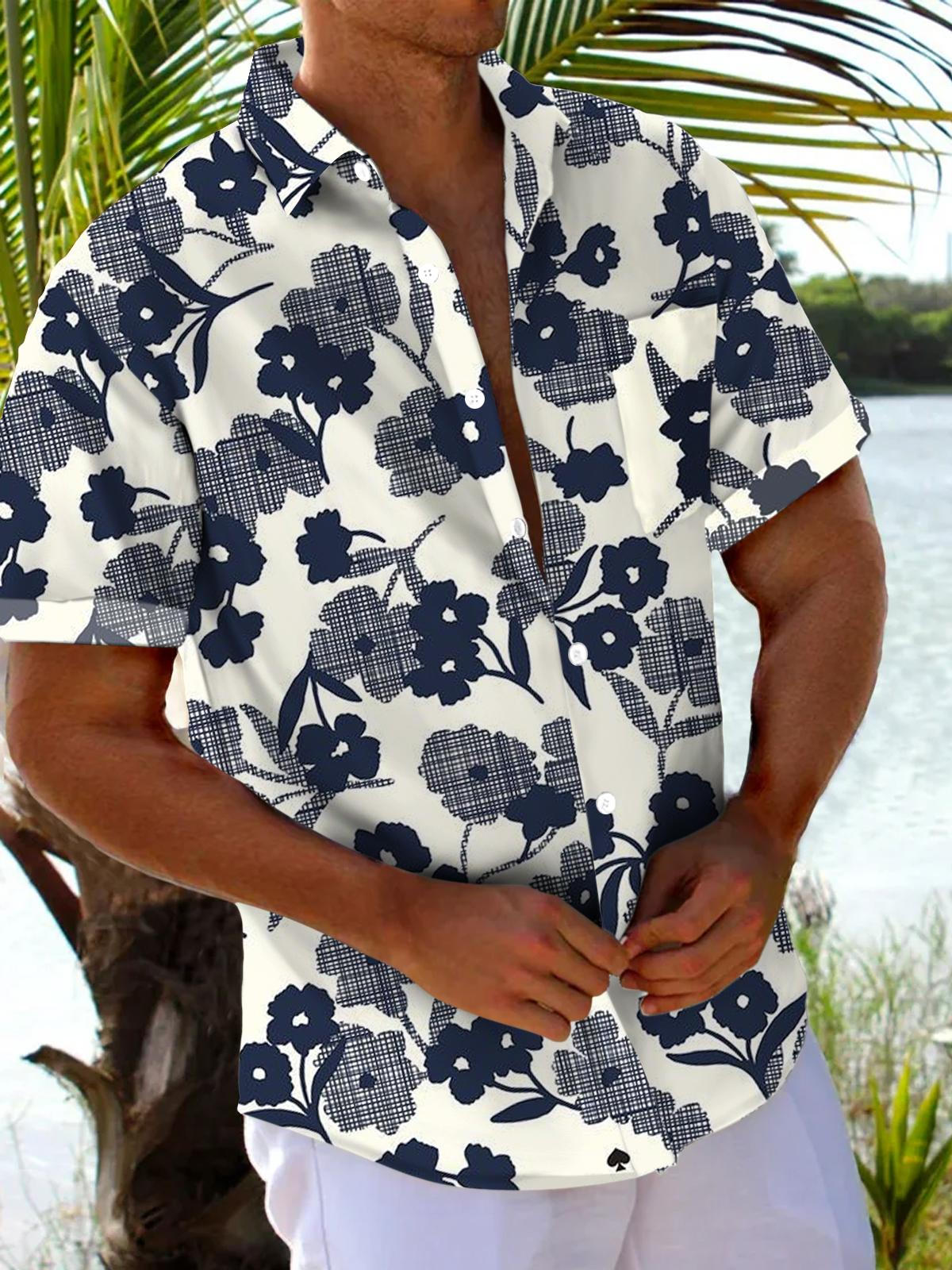 Flower Short Sleeve Men's Shirts With Pocket