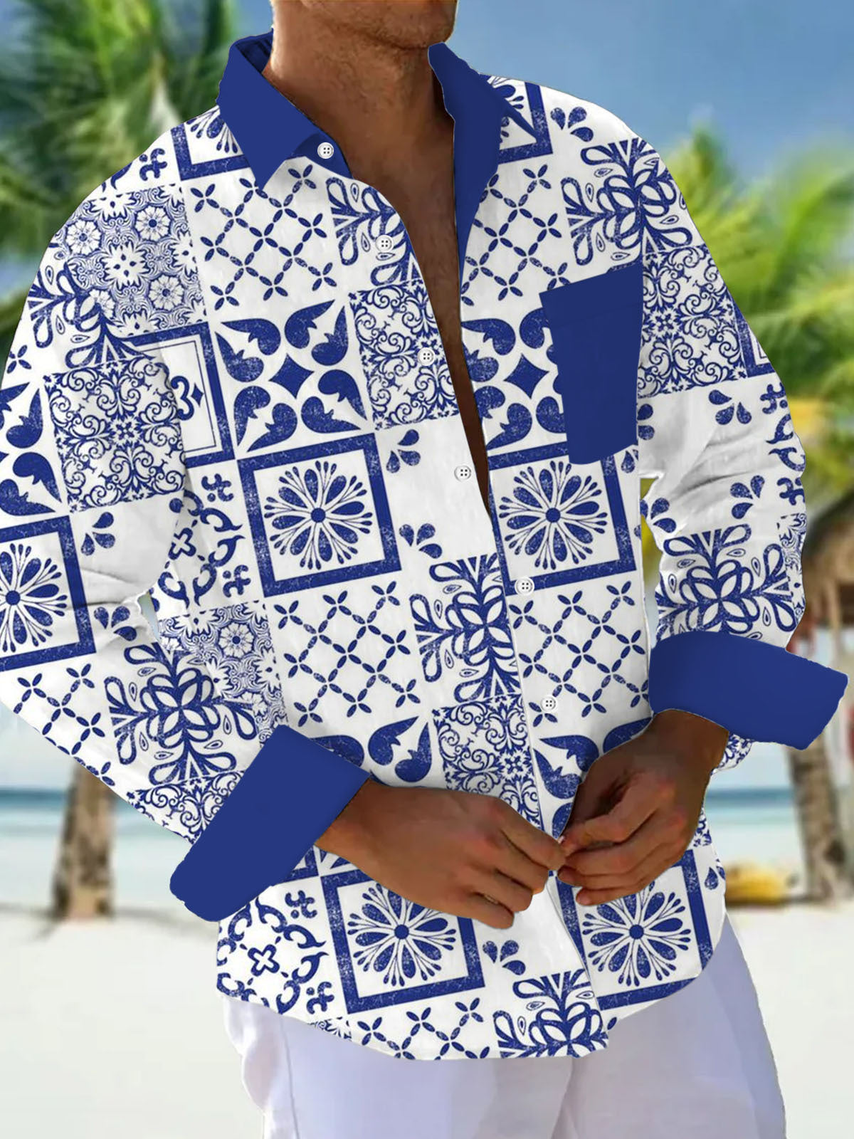 Ethnic Floral Geometric Print Long Sleeve Men's Shirts With Pocket