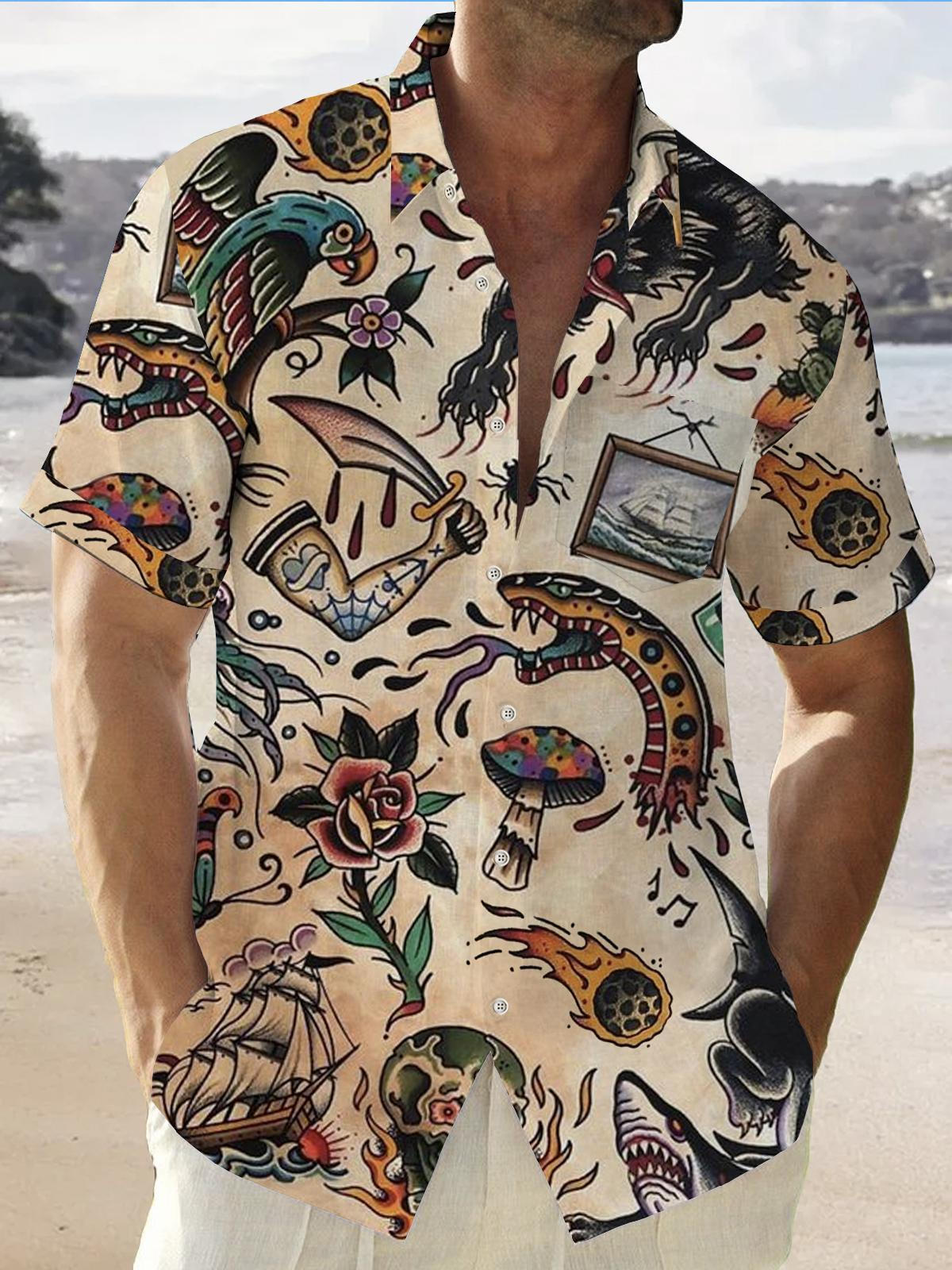 Retro Hawaiian Kurzarm Herrenhemden mit Tasche