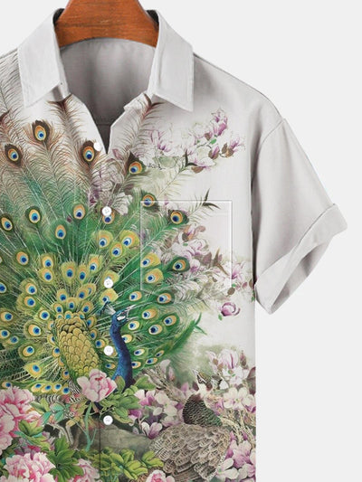 Peacock Flower Short Sleeve Men's Shirts With Pocket