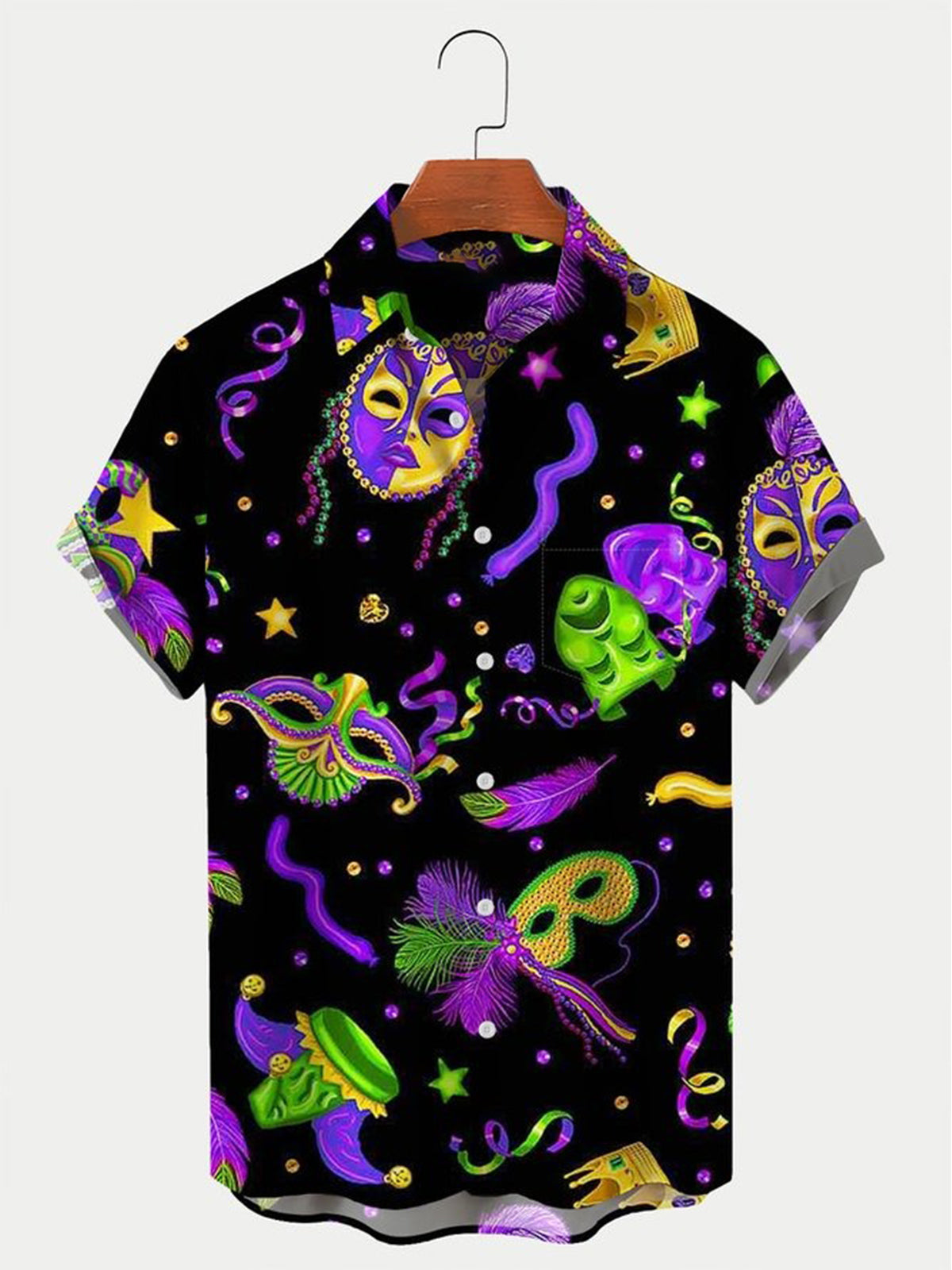 Mardi Gras Mask and Crown Print Short Sleeve Men's Shirts With Pocket