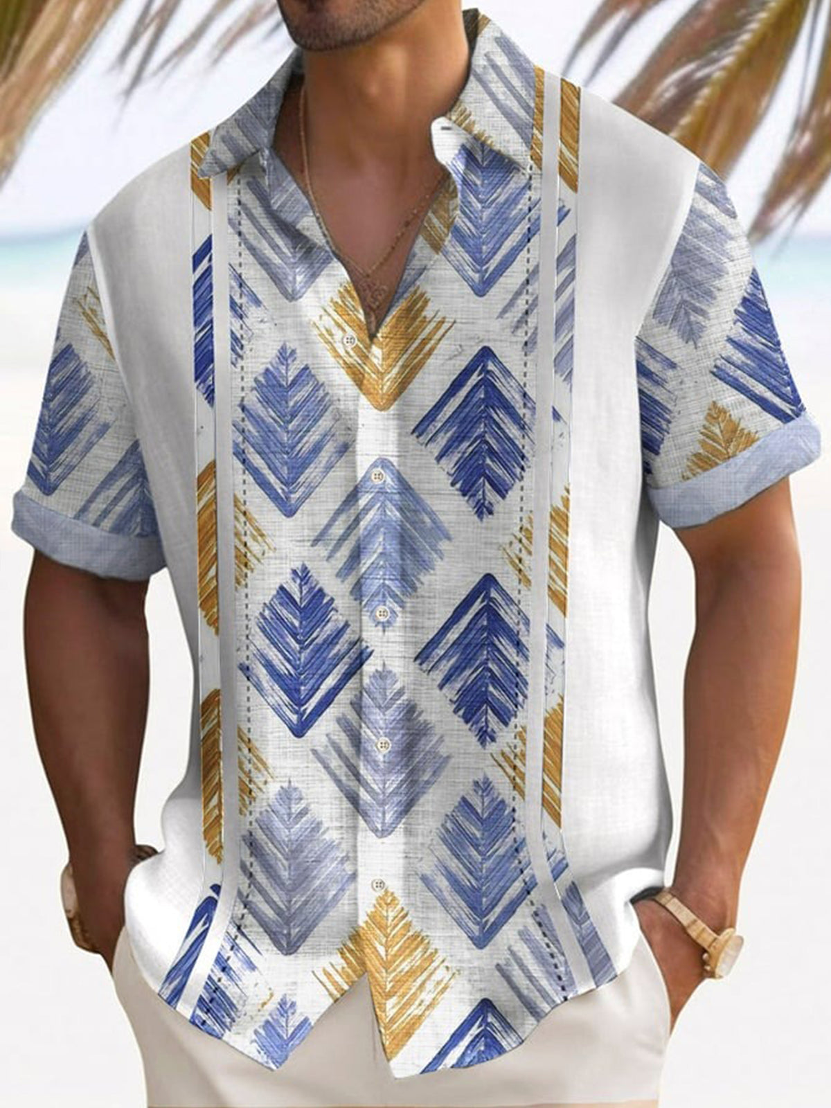 Casual Geometric Print Short Sleeve Shirt Collar Men's Shirts