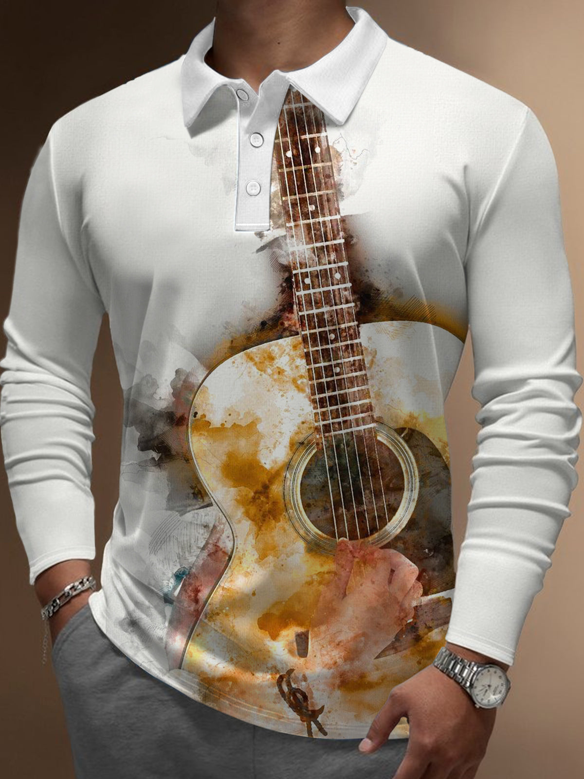 Guitar Print Men's Long Sleeve Button Polo