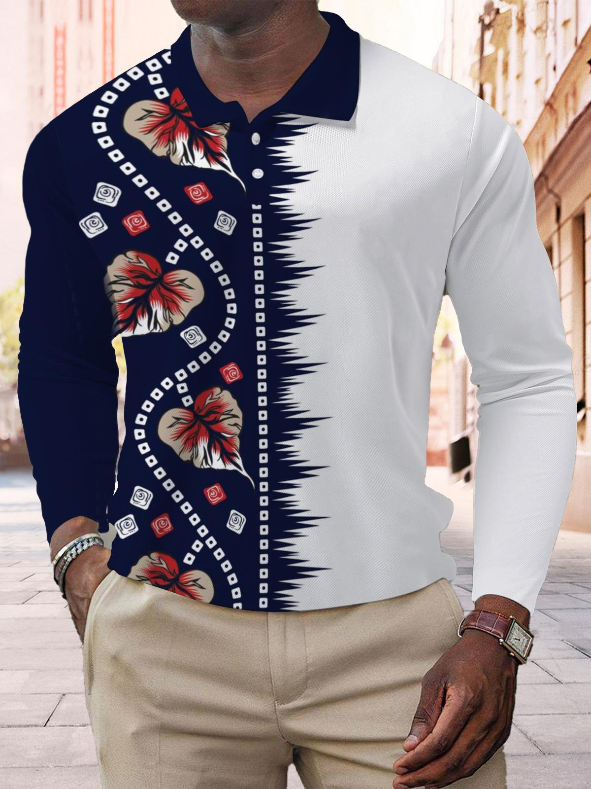 Botanical Geometric Contrast Print Men's Long Sleeve Button Polo