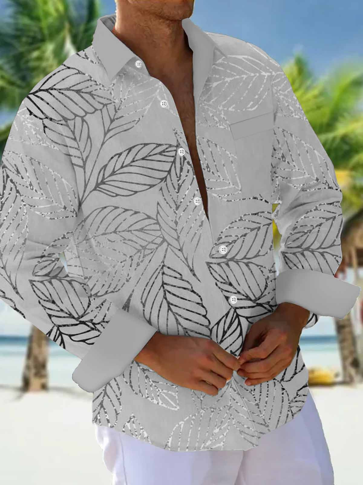 Plant Leaf Print Long Sleeve Men's Shirts With Pocket