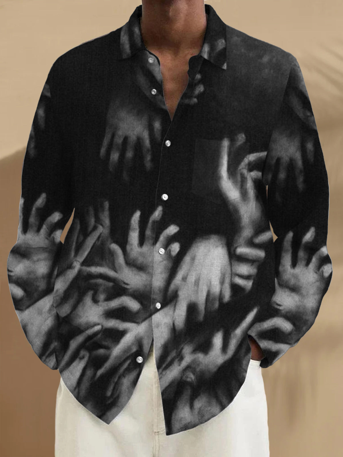 Dark Hand Print Long Sleeve Men's Shirts With Pocket