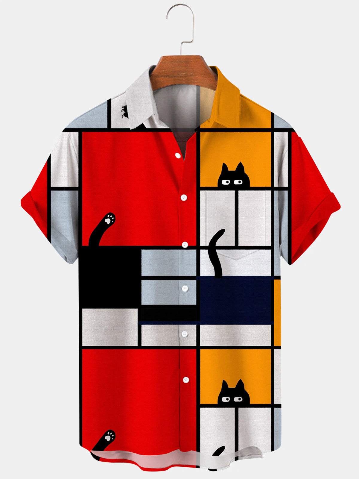 Geometric Cat Short Sleeve Men's Shirts With Pocket