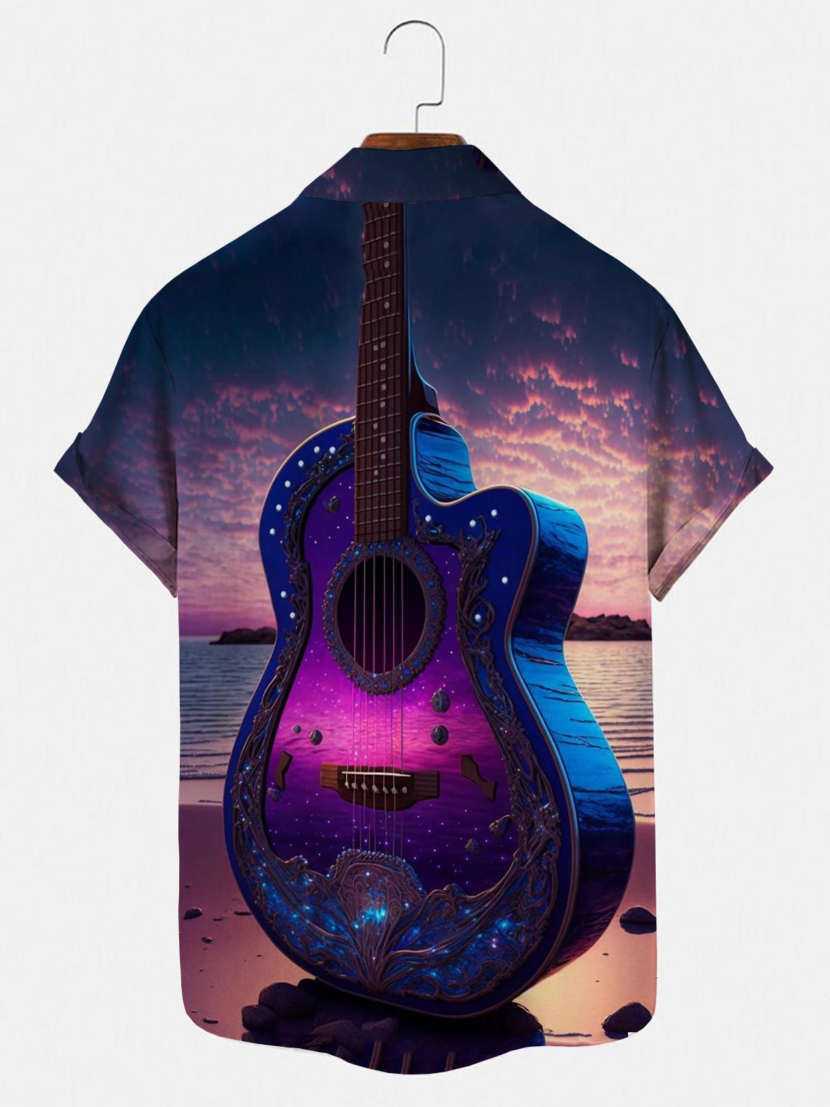 Guitar Beach Short Sleeve Men's Shirts With Pocket