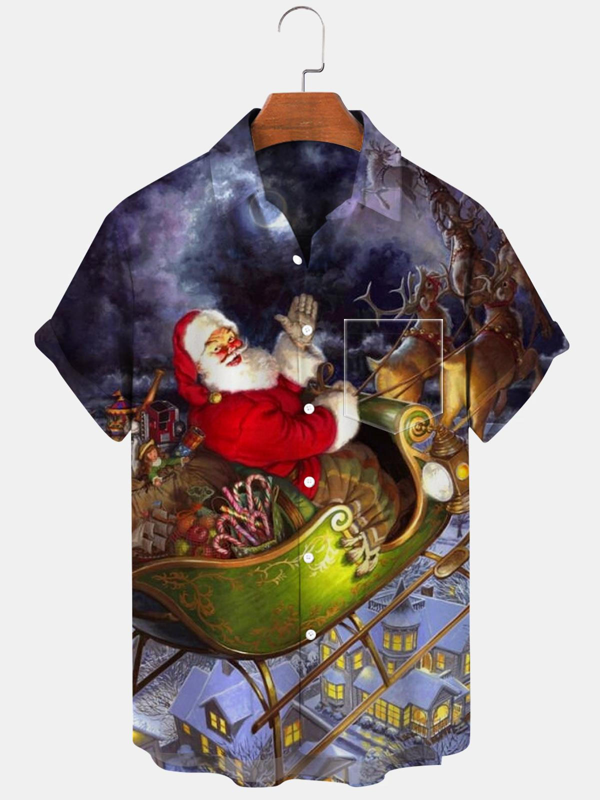 Santa Claus Deer Short Sleeve Men's Shirts With Pocket