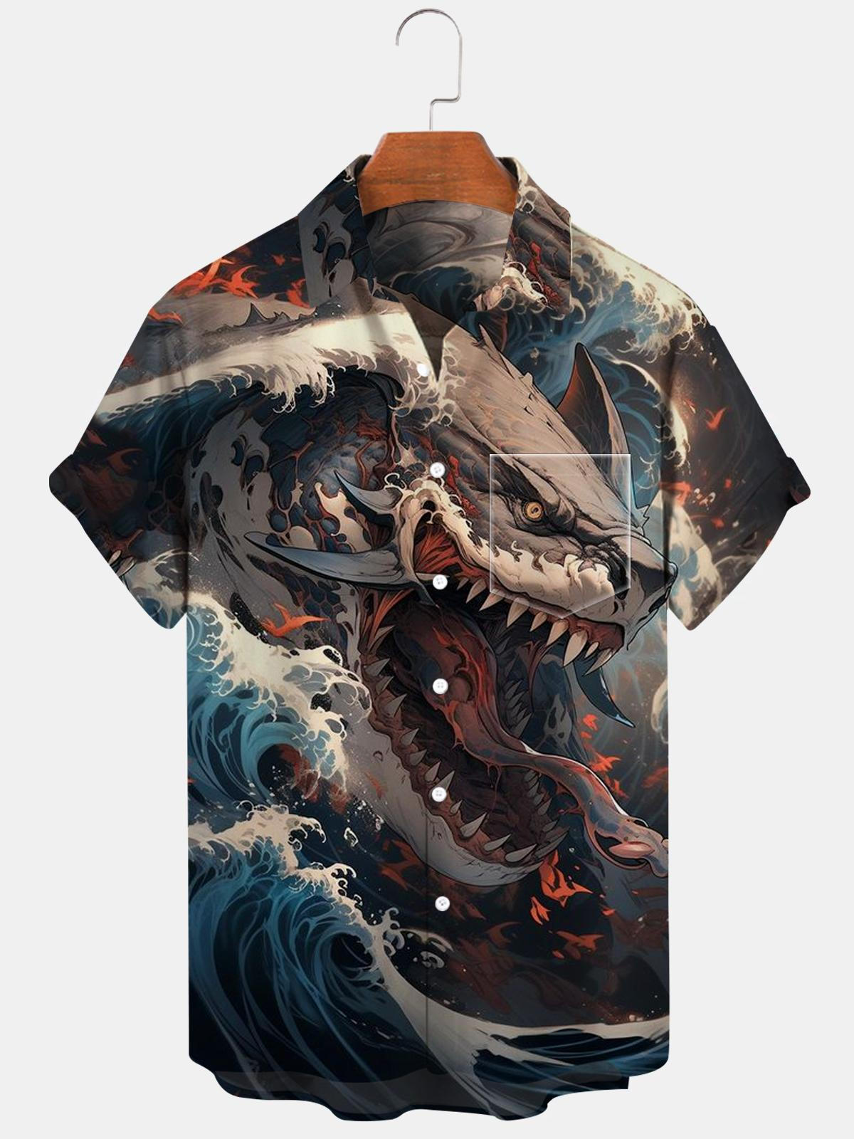 Sea Wave Shark Short Sleeve Men's Shirts With Pocket