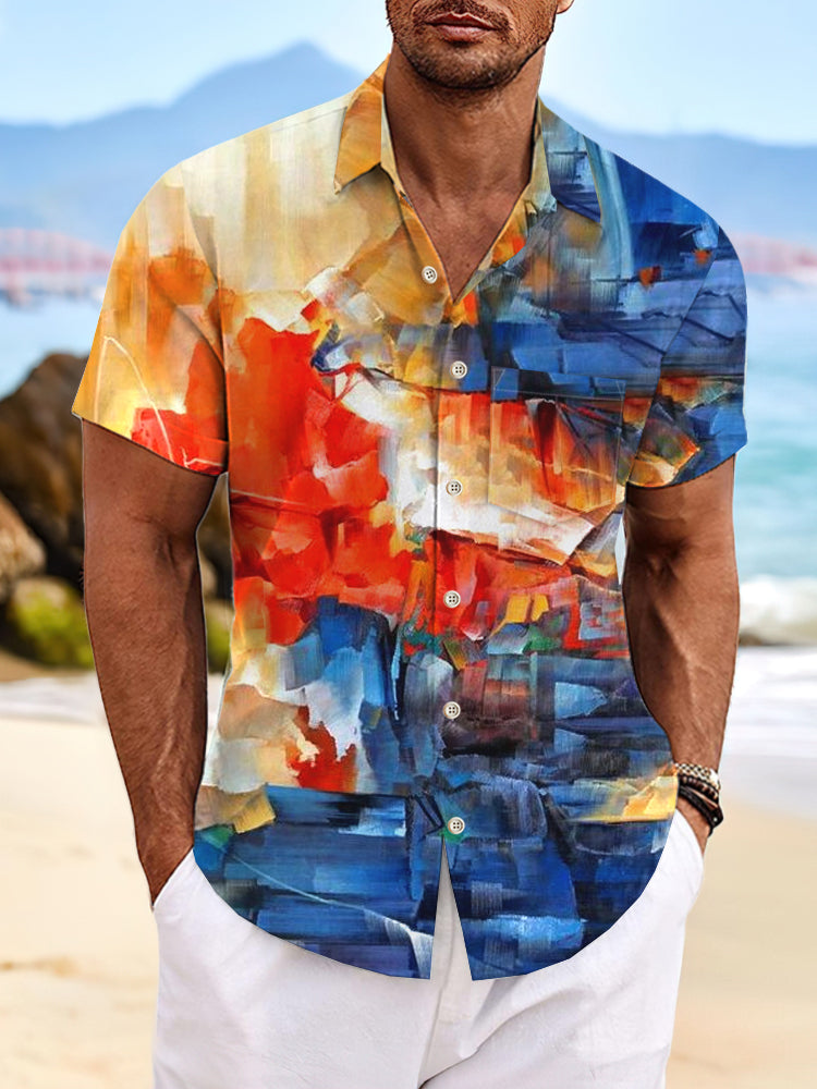 Art Gradient Vacation Short Sleeve Men's Shirts Plus Size With Pocket