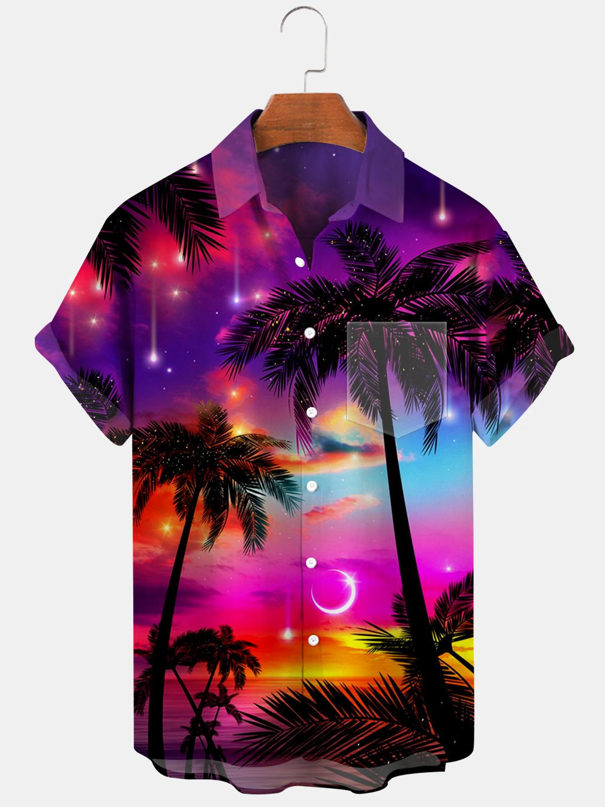 Hawaiian Sunset Coconut Palm Star Men's Shirts With Pocket