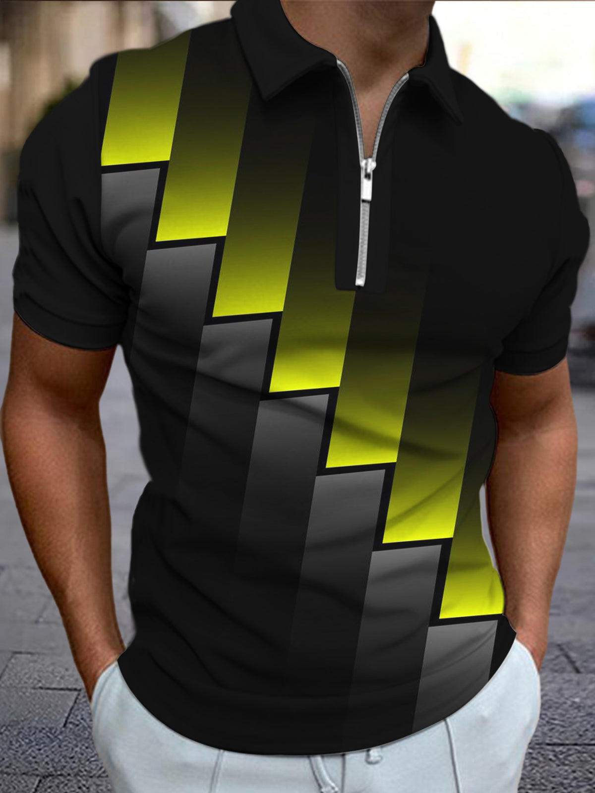 Geometric Print Men's Short Sleeve Zipper Polo