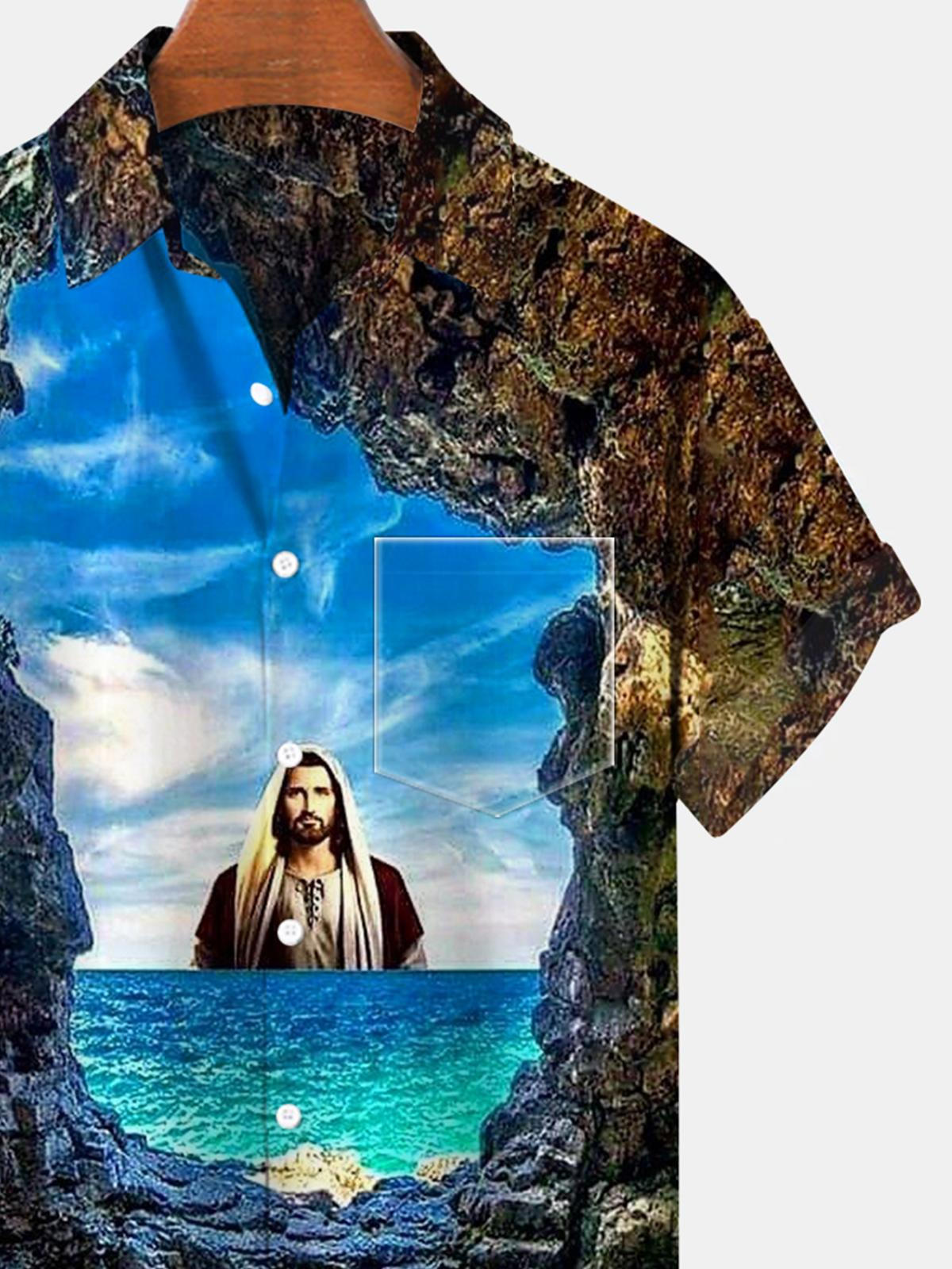 Jesus Sea Kurzarm Herrenhemden mit Tasche