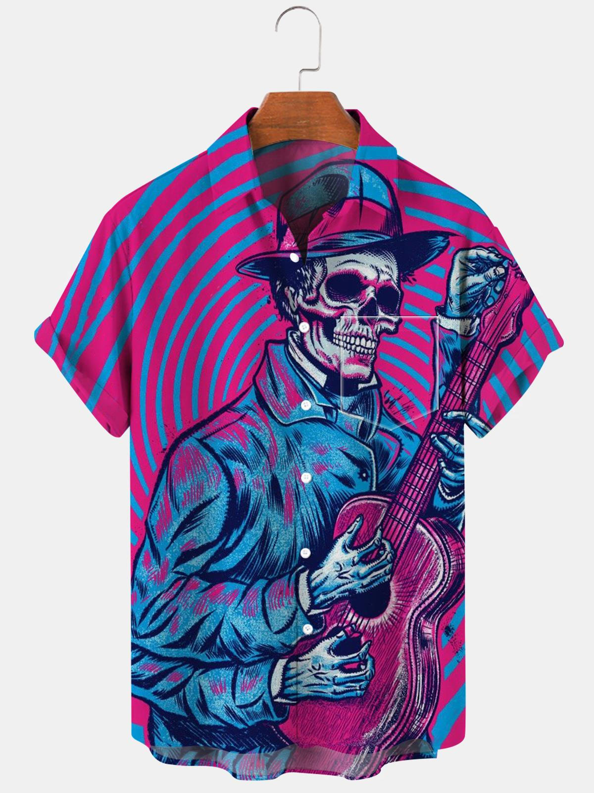 Skull Guitar Short Sleeve Men's Shirts With Pocket