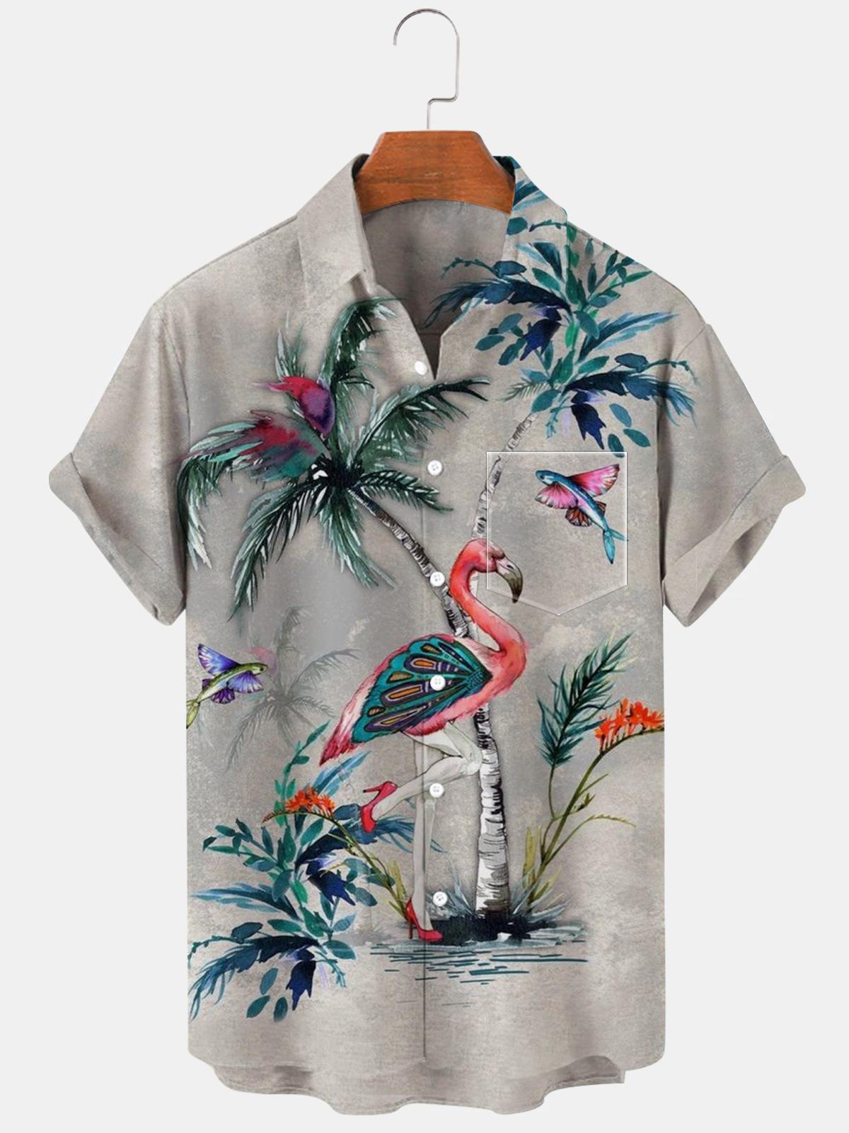 Flamingo Coconut Palm Kurzarm Herrenhemden mit Tasche