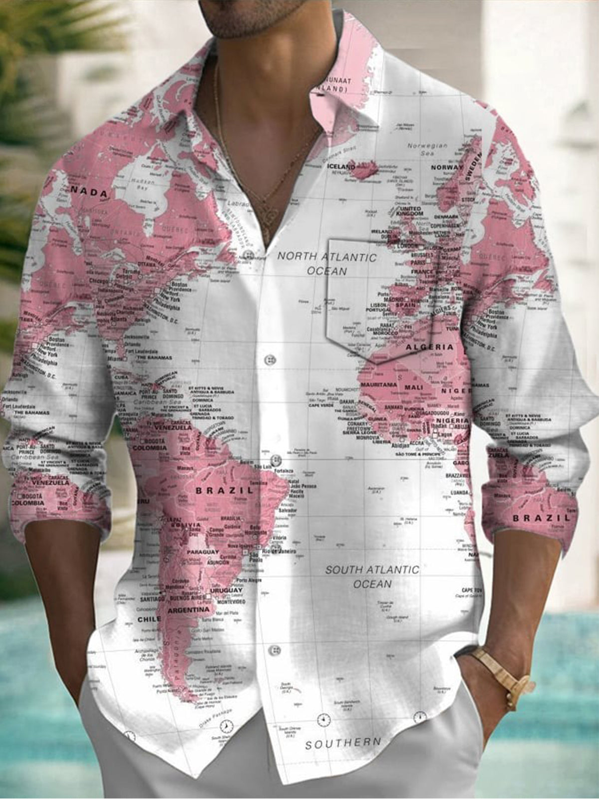 World Map Print Long Sleeve Men's Shirts With Pocket