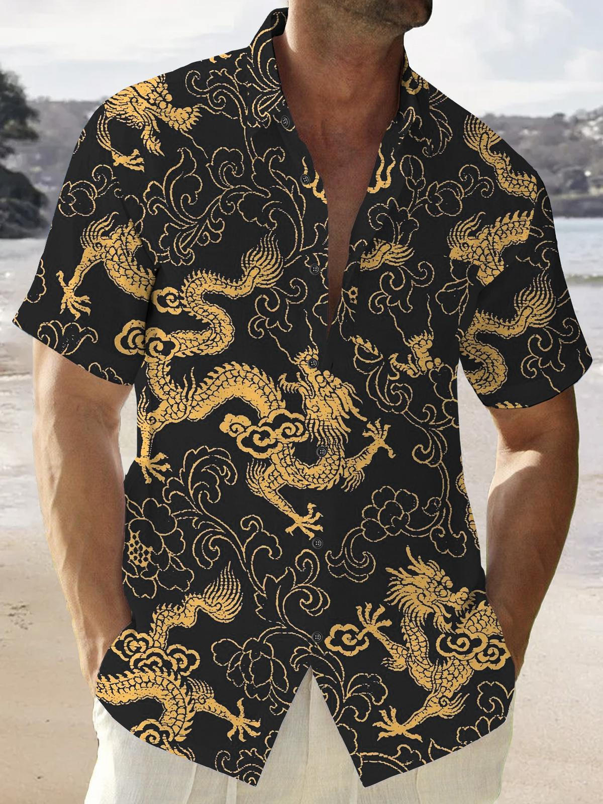 Dragon Gold Art Gradient Casual Short Sleeve Men's Shirts With Pocket