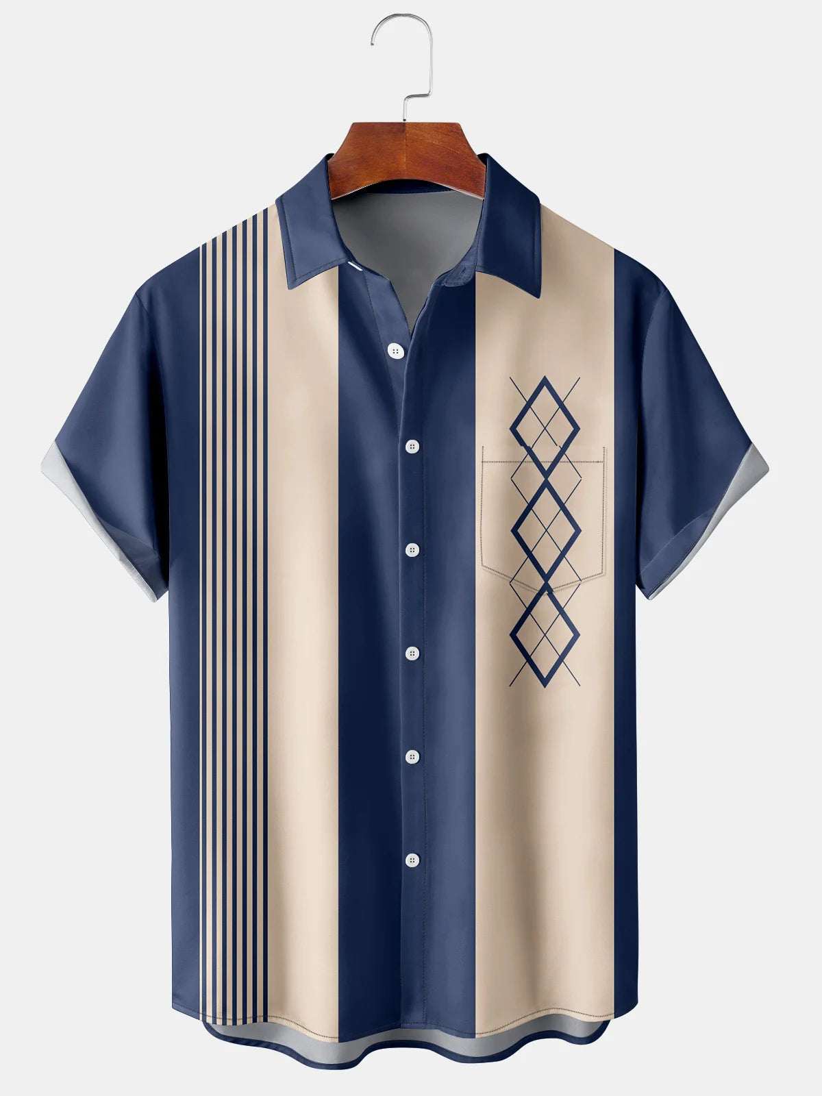 Geometric Striped Color Block Pattern Short Sleeve Men's Shirts With Pocket