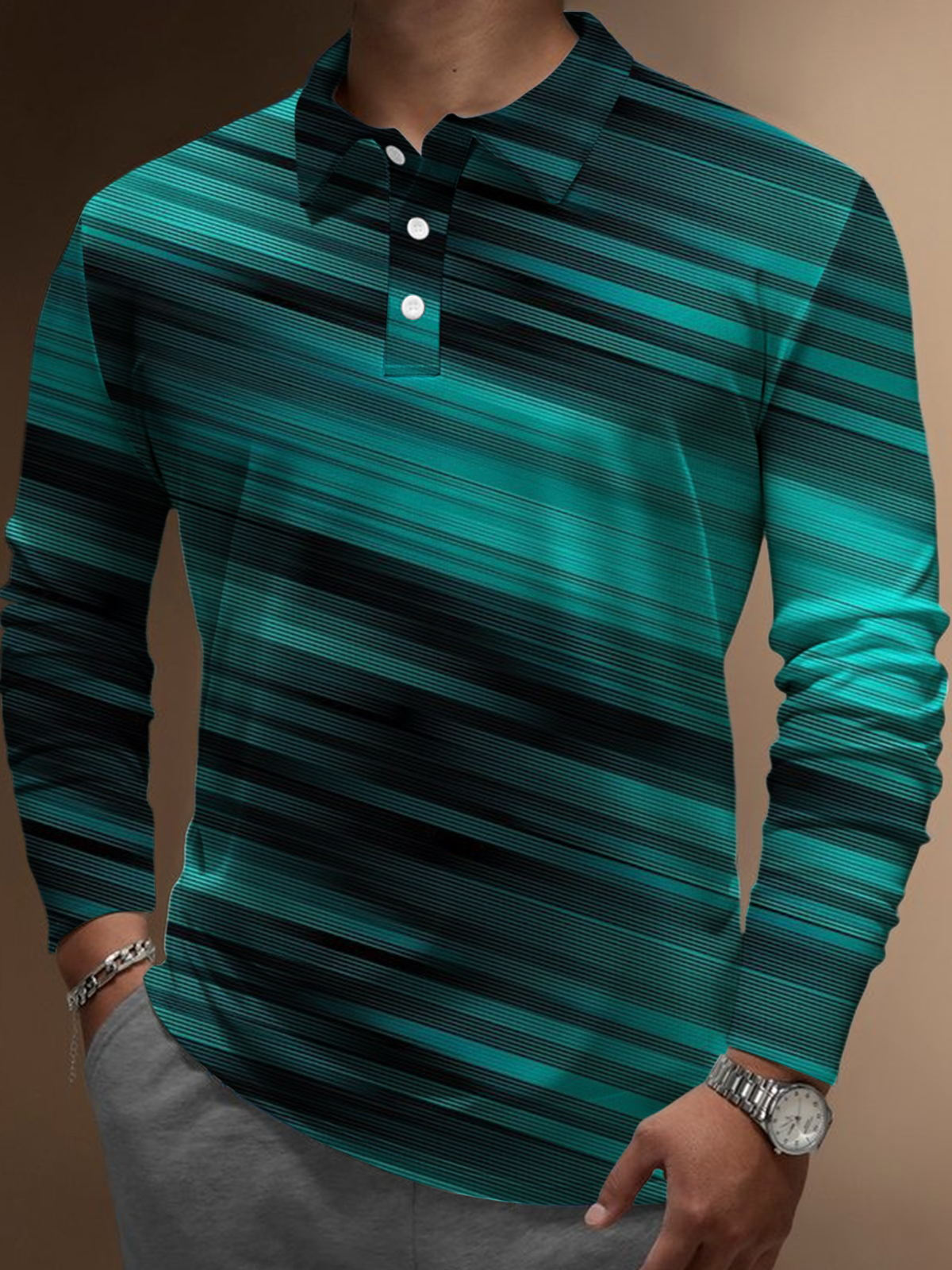 Gradient Stripe Print Men's Long Sleeve Button Polo