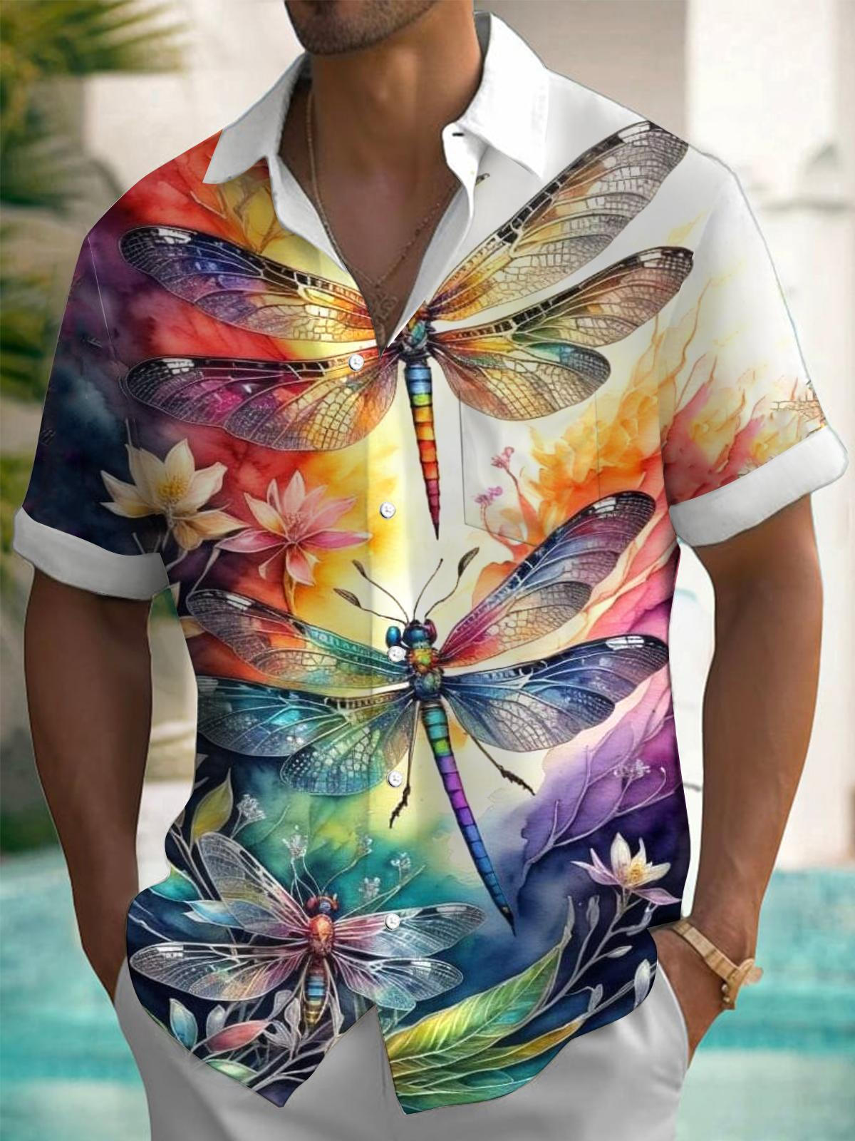 Dragonfly Print Short Sleeve Men's Shirts With Pocket