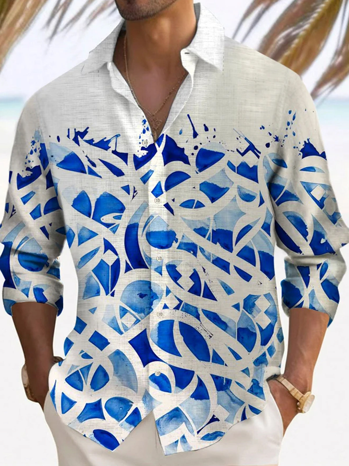 Men's Color Block Wave Print Long Sleeve Lapel Shirt