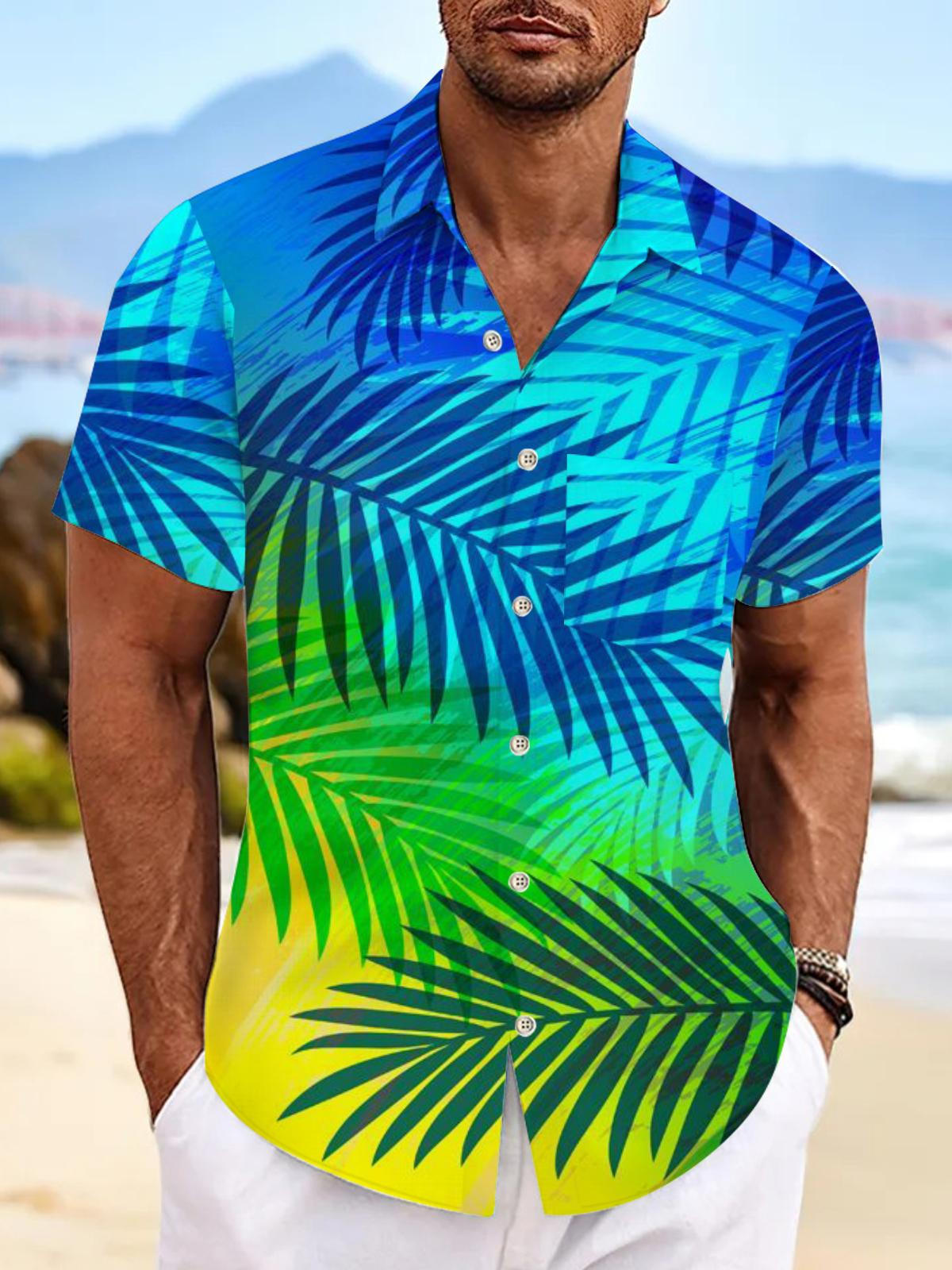 Plant Leaf Print Short Sleeve Men's Shirts With Pocket