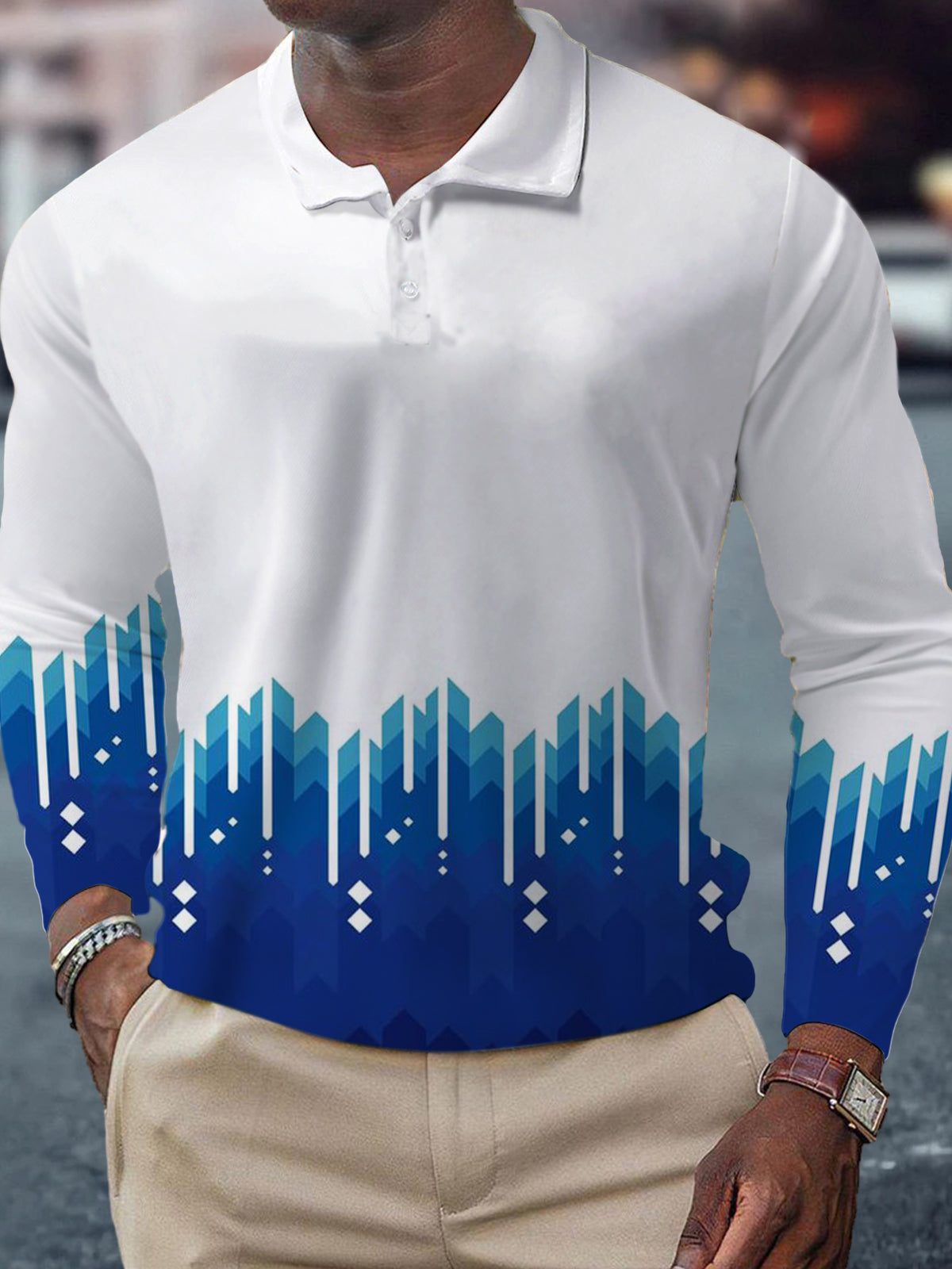 Geometric Print Men's Long Sleeve Button Polo