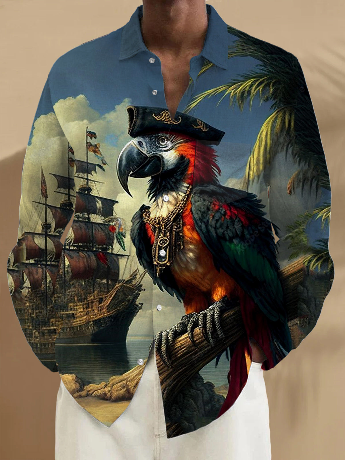 Captain Parrot Langarm Herrenhemden mit Tasche