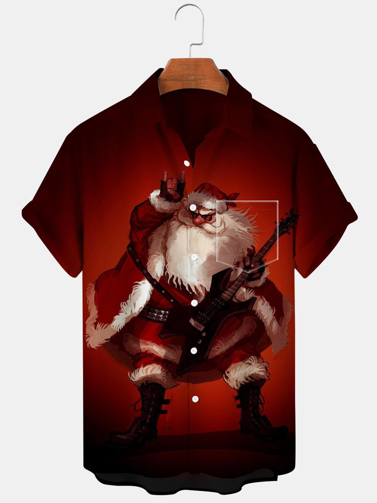 Santa Claus Guitar Short Sleeve Men's Shirts With Pocket