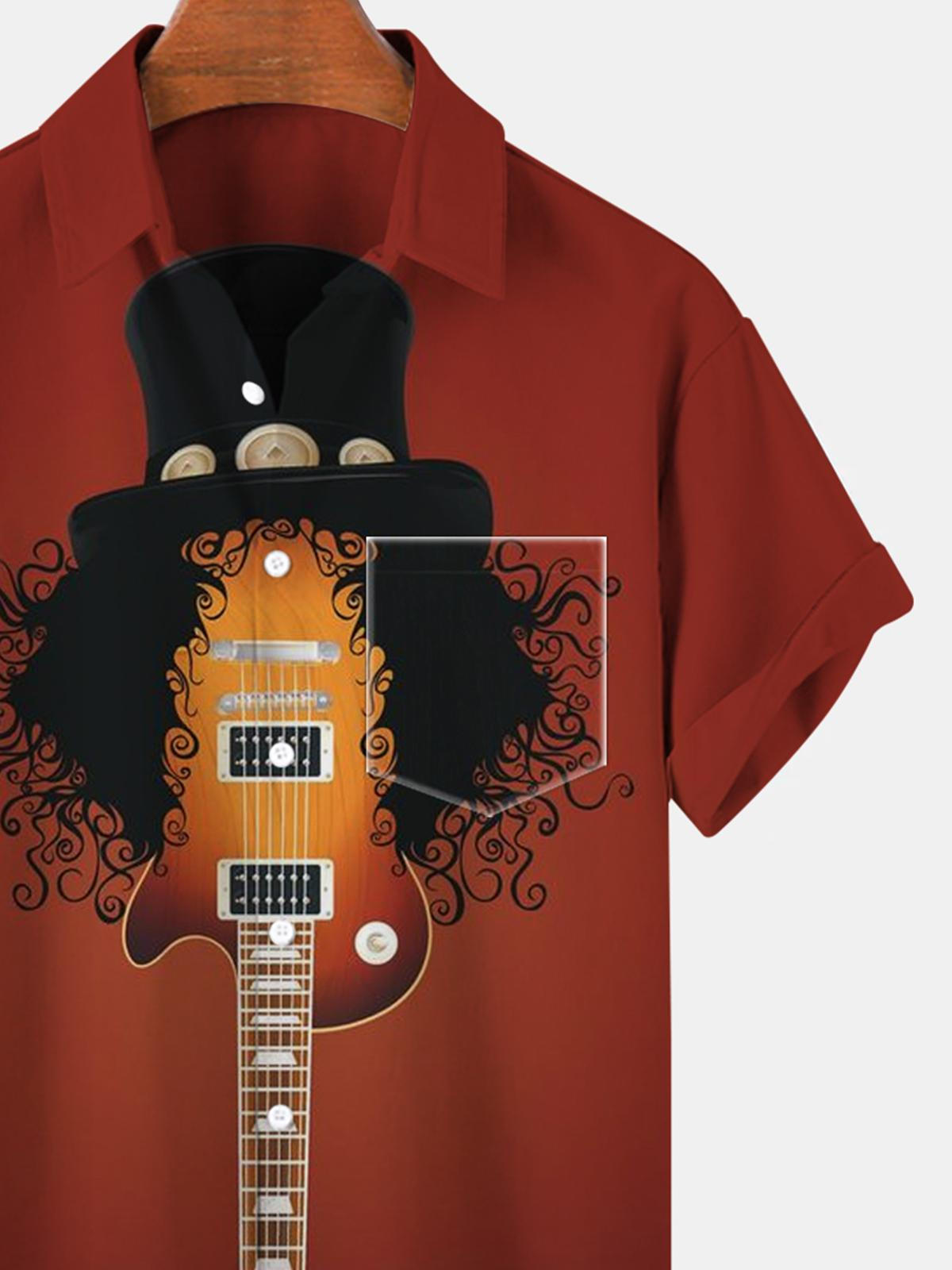 Guitar Hat Short Sleeve Men's Shirts With Pocket