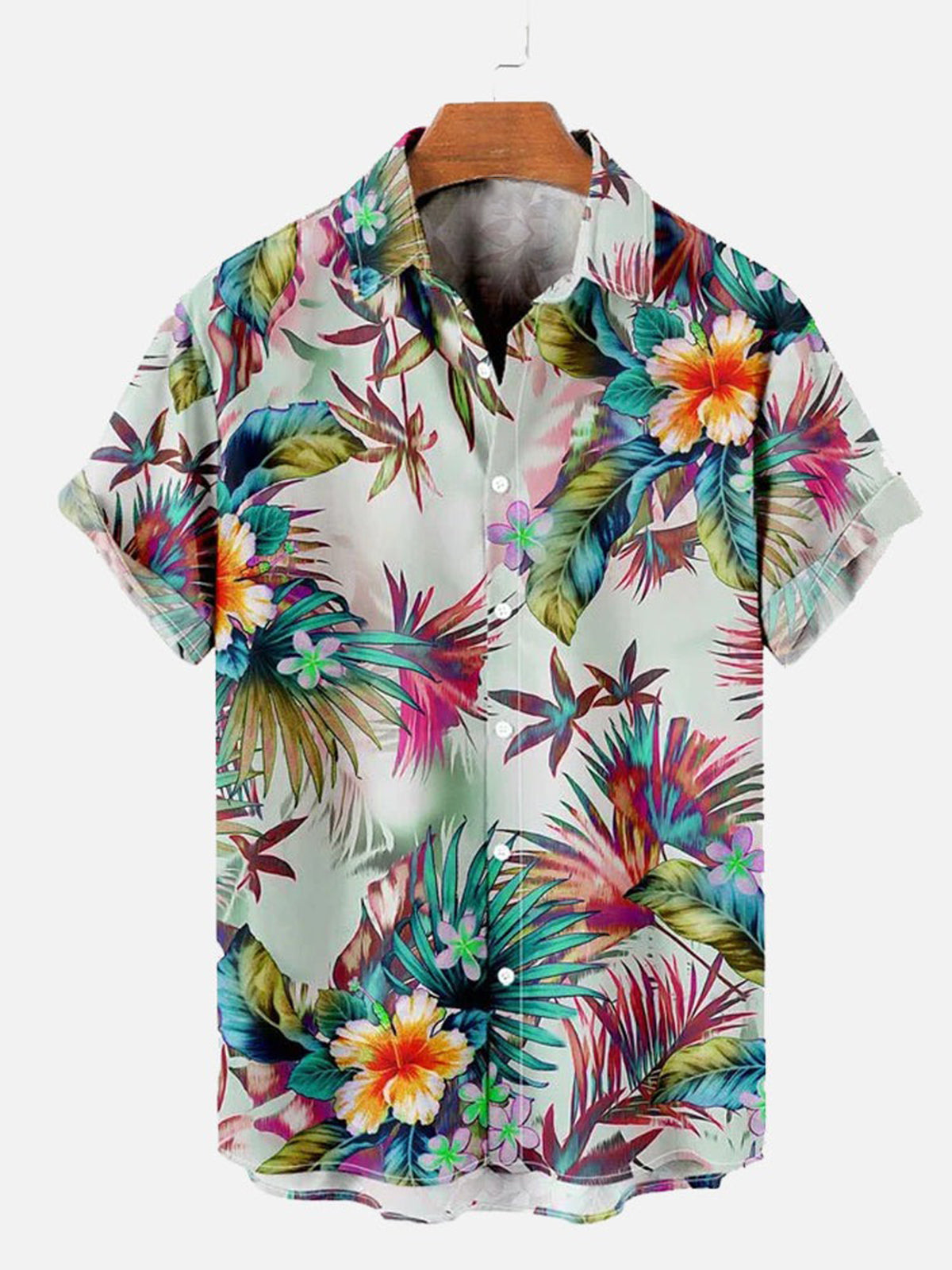 Retro Tropical Flower Printing Holiday Beach Hawaiian Short Sleeve Men's Shirts With Pocket