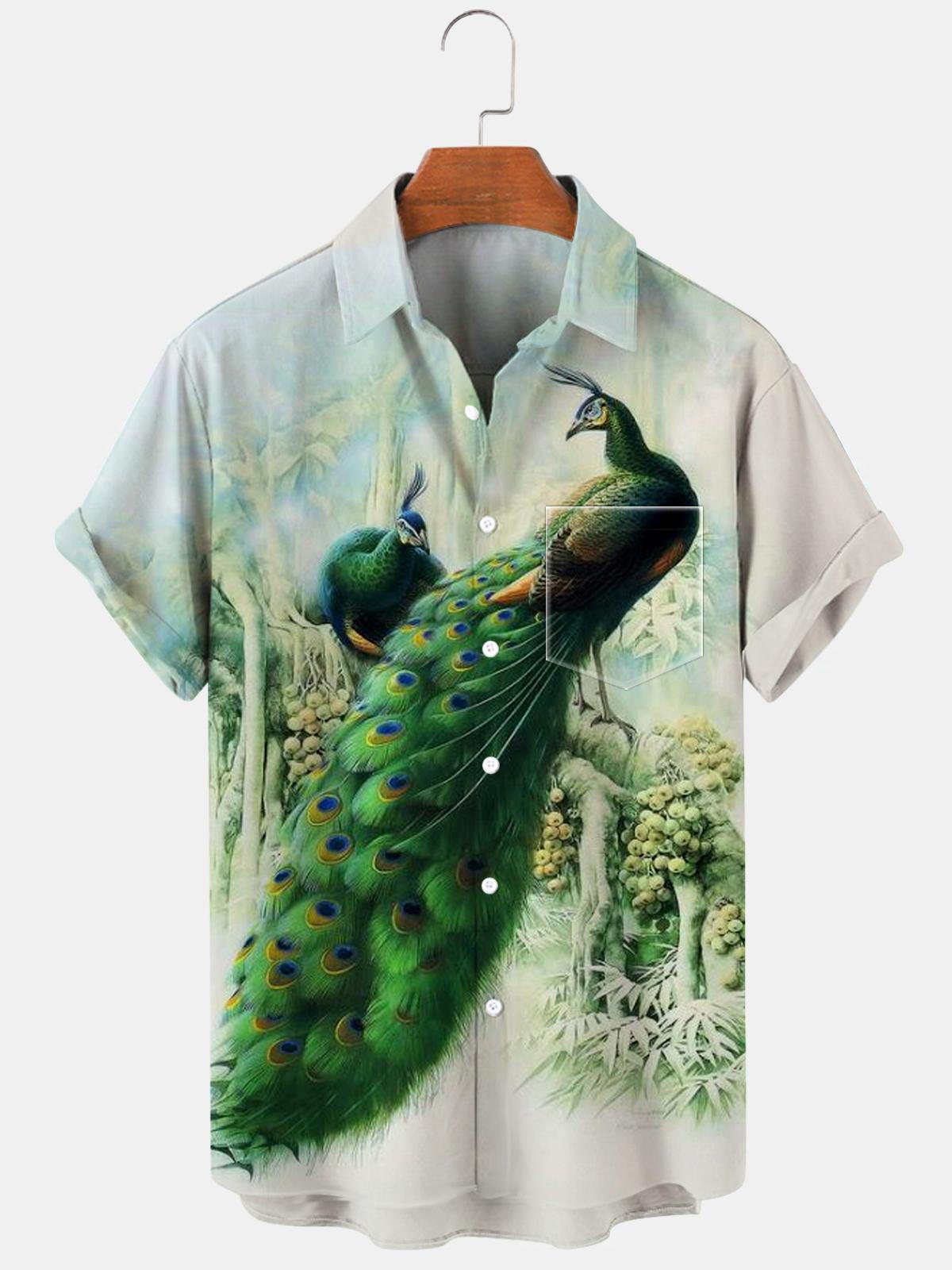 Peacock Short Sleeve Men's Shirts With Pocket