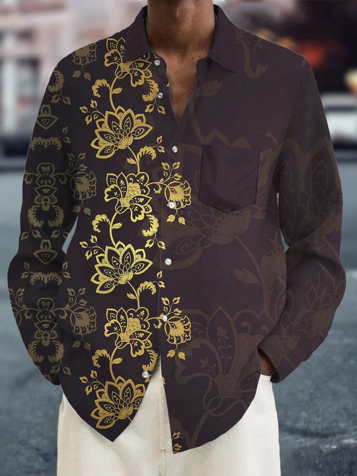 Flower Long Sleeve Men's Shirts With Pocket