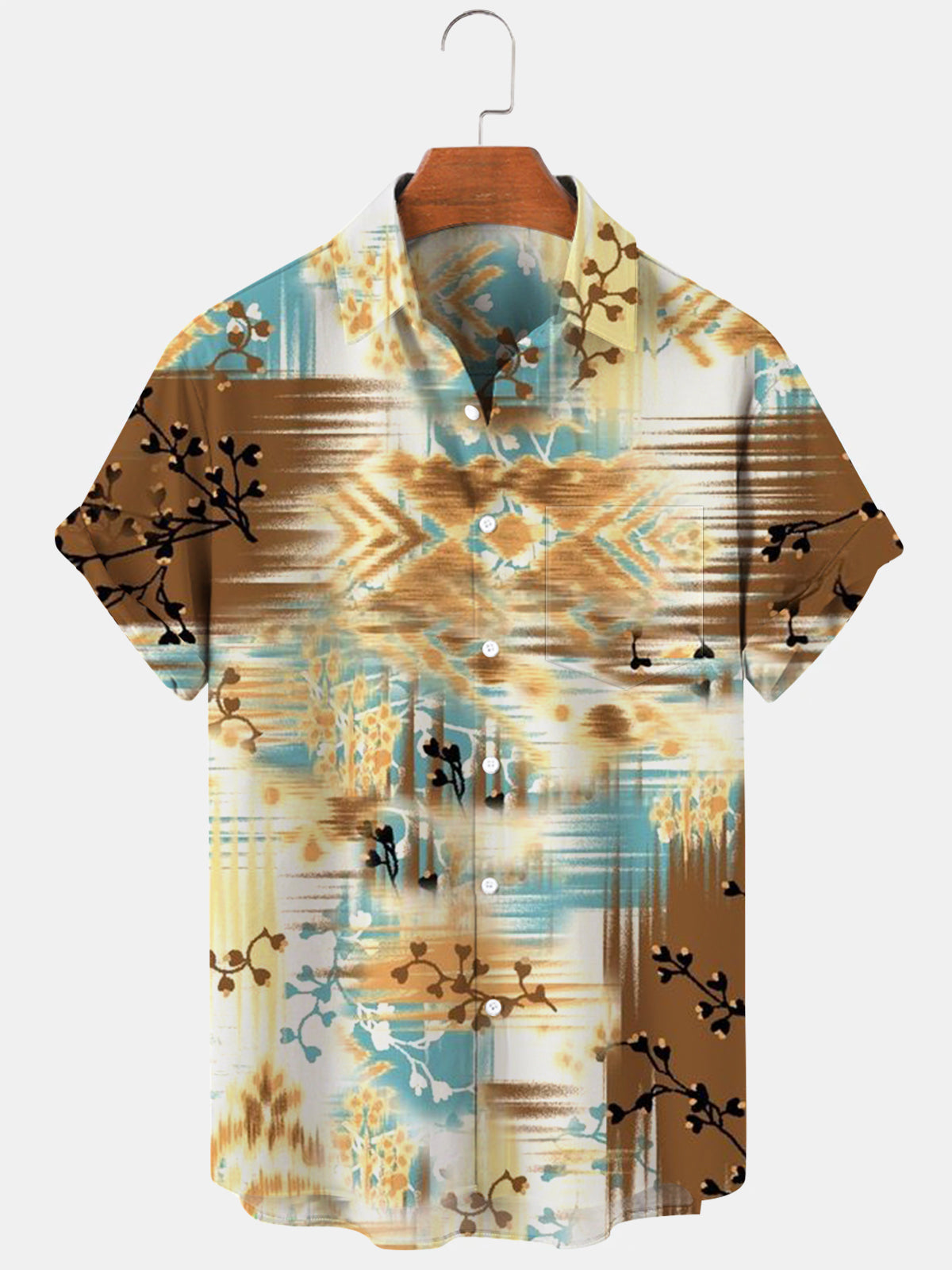 Botanical Geometric Gradient Print Short Sleeve Men's Shirts With Pocket