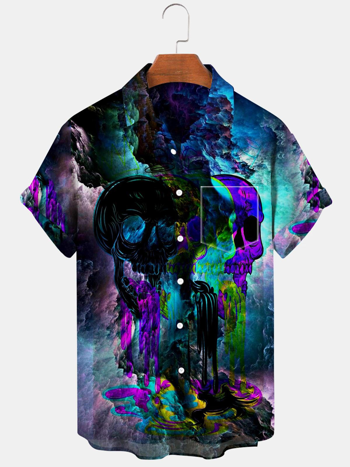 Skull Cloud Short Sleeve Men's Shirts With Pocket