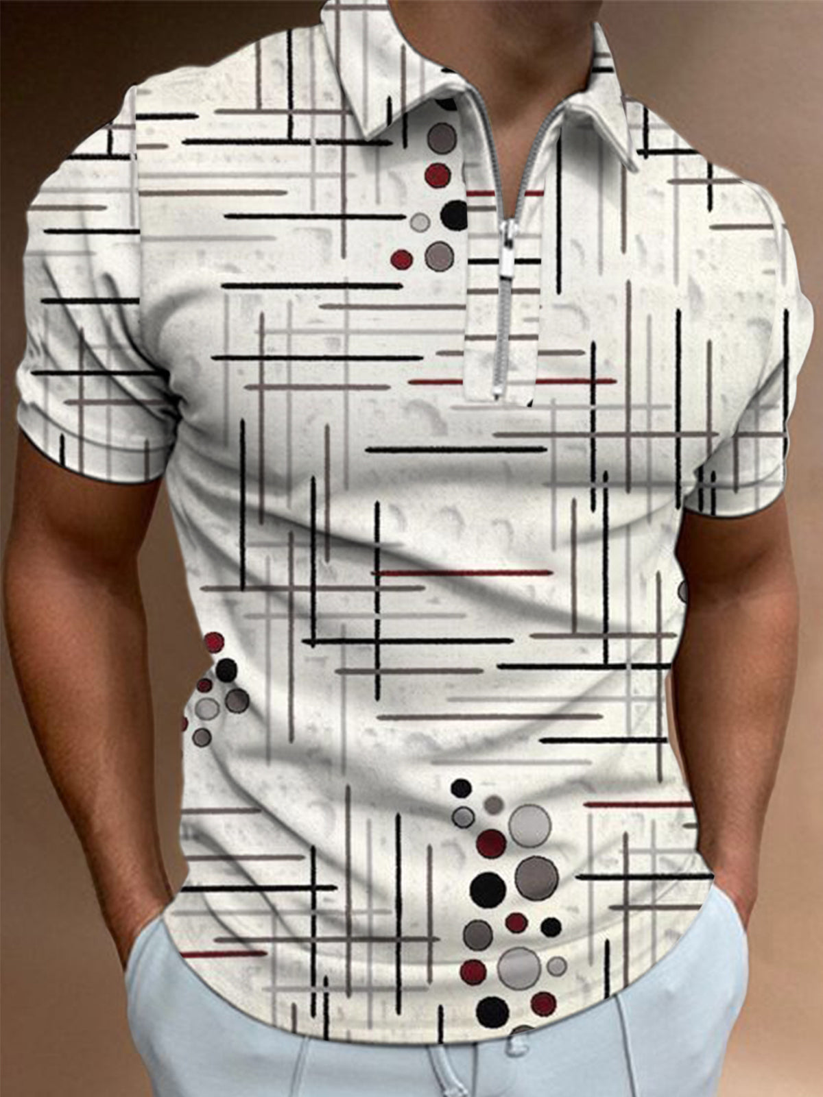 Geometric Print Men's Short Sleeve Zipper Polo