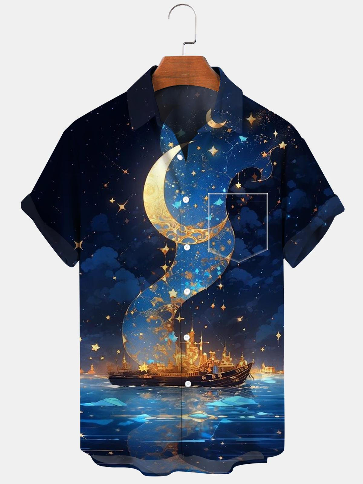 Boat Moon Short Sleeve Men's Shirts With Pocket