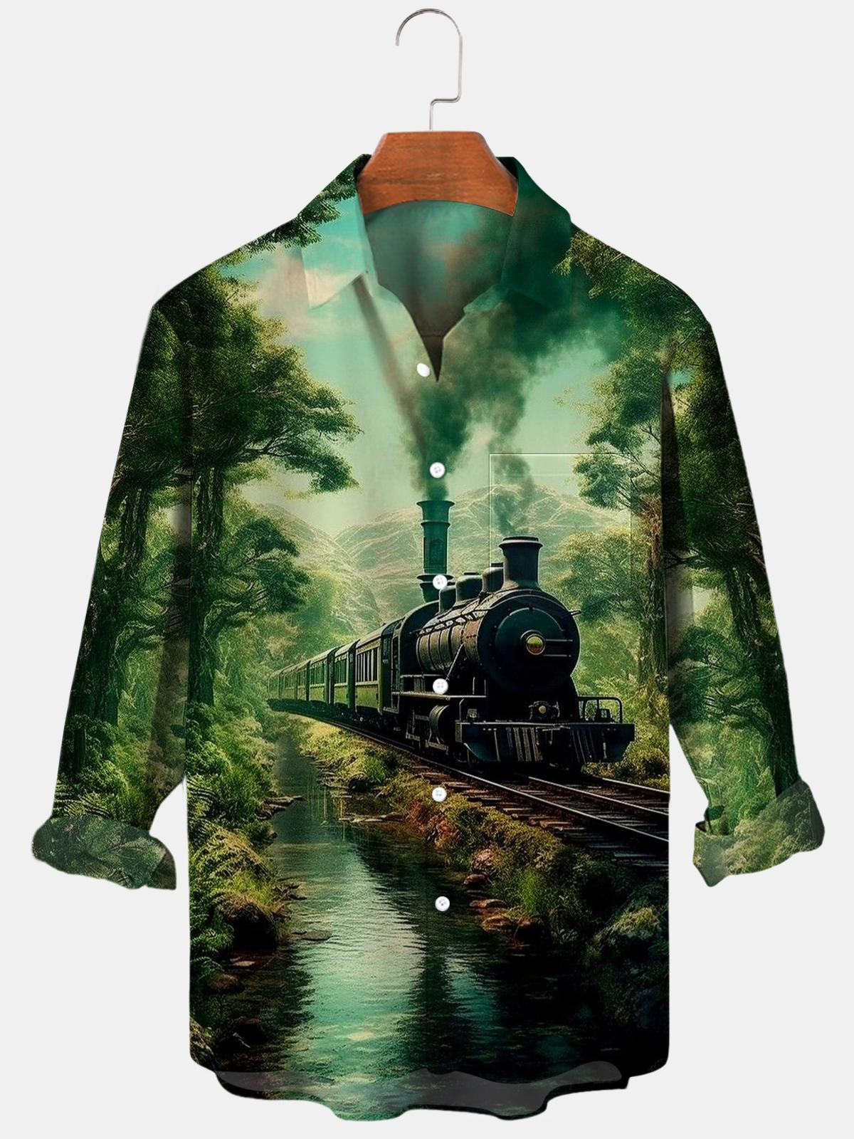 Travel Train Forest Langarm Herrenhemden mit Tasche