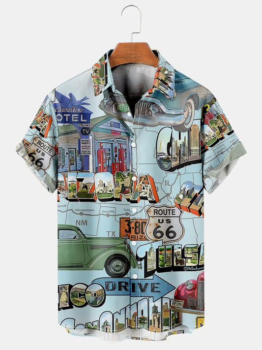 West Coast Hip Hop Street Car Post Short Sleeve Men's Shirts With Pocket