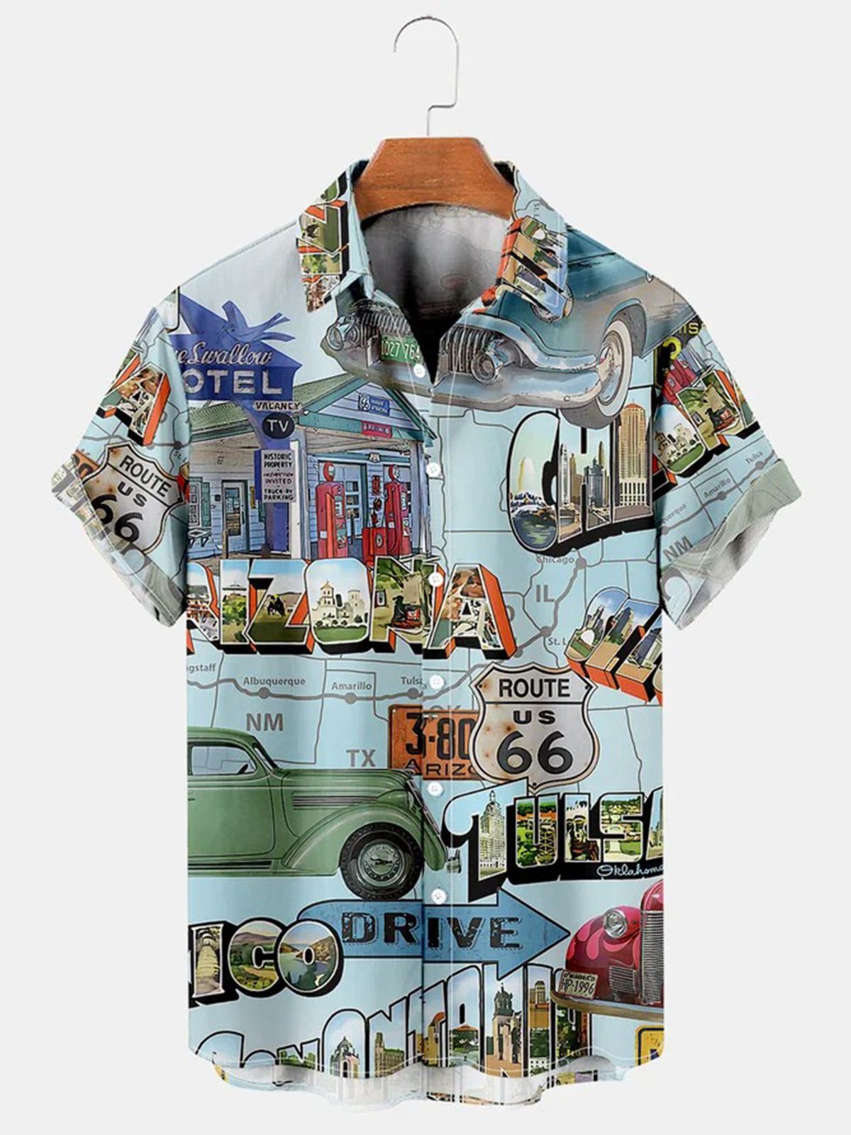 West Coast Hip Hop Street Car Post Short Sleeve Men's Shirts With Pocket