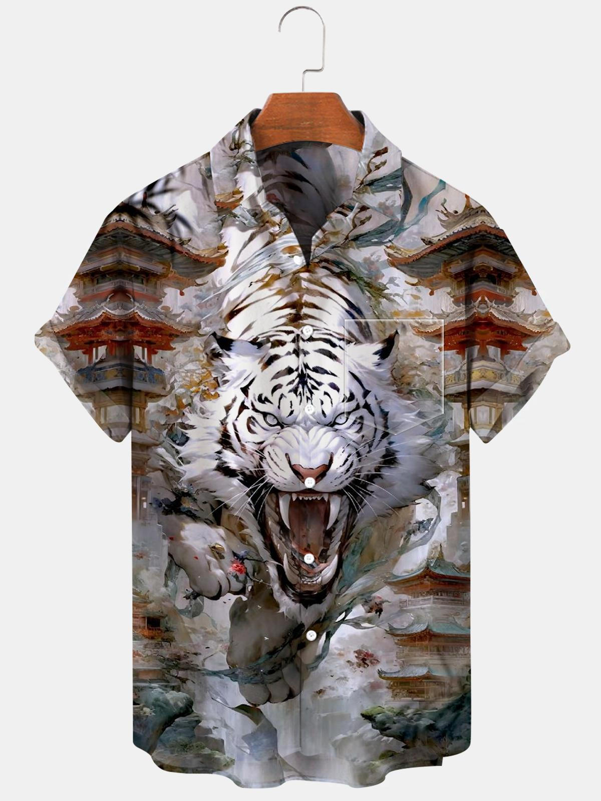 Tiger Short Sleeve Men's Shirts With Pocket